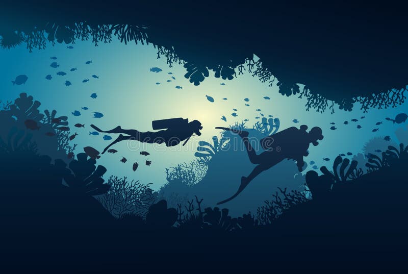 Kontur av dykaren, korallreven och undervattens- vektor illustrationer Kontur av dykaren, korallreven och undervattens- vektor illustrationer