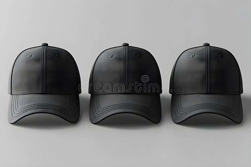 Mockup of a black baseball cap on a grey background featuring front, back, and side angles. Concept Product Mockup, Baseball Cap, Black Color, Grey Background, Front, Back, Side Angles. Mockup of a black baseball cap on a grey background featuring front, back, and side angles. Concept Product Mockup, Baseball Cap, Black Color, Grey Background, Front, Back, Side Angles