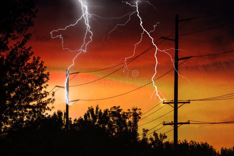 Silhouette of Power Lines being struck by lightning. Silhouette of Power Lines being struck by lightning.