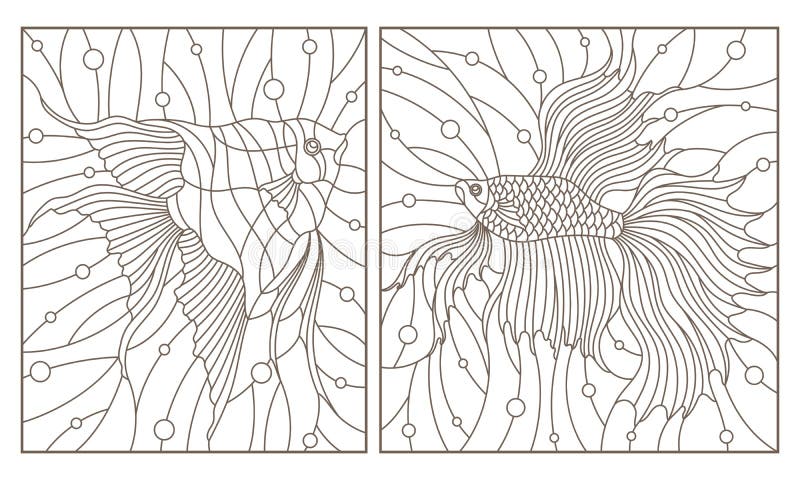 Kontur stellte mit Illustrationen im Buntglasartaquariumfisch-Fischhahn und Scalars, dunkle Konturen auf weißem backgroun ein vektor abbildung Kontur stellte mit Illustrationen im Buntglasartaquariumfisch-Fischhahn und Scalars, dunkle Konturen auf weißem backgroun ein vektor abbildung