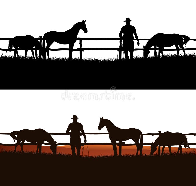 Cowboy and horse herd behind wooden fence - grazing animals and rancher vector silhouette design. Cowboy and horse herd behind wooden fence - grazing animals and rancher vector silhouette design