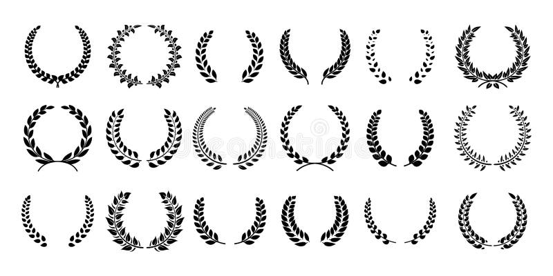 Konturlagerkrans Den grekiska olivgröna filialen, mästareutmärkelseemblem, lämnar runda prissymboler Vektorsvartlager stock illustrationer