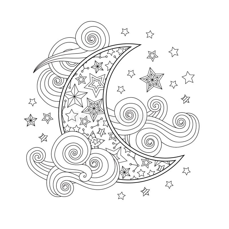 Konturnbild von den sichelförmigen Wolkensternen des Mondes in zentangle angespornter Gekritzelart lokalisiert auf Weiß vektor abbildung Konturnbild von den sichelförmigen Wolkensternen des Mondes in zentangle angespornter Gekritzelart lokalisiert auf Weiß vektor abbildung