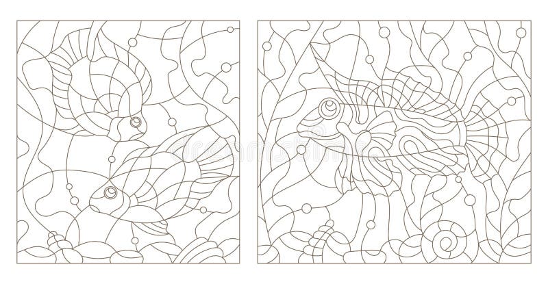 Konturnsatz Illustrationen des Buntglases mit Aquariumfischen lizenzfreie abbildung Konturnsatz Illustrationen des Buntglases mit Aquariumfischen lizenzfreie abbildung