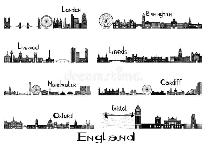 Silhouette signts of 8 cities of England - London, Liverpool, Manchester, Oxford, Birmingham, Leeds, Cardiff, Bristol. Silhouette signts of 8 cities of England - London, Liverpool, Manchester, Oxford, Birmingham, Leeds, Cardiff, Bristol