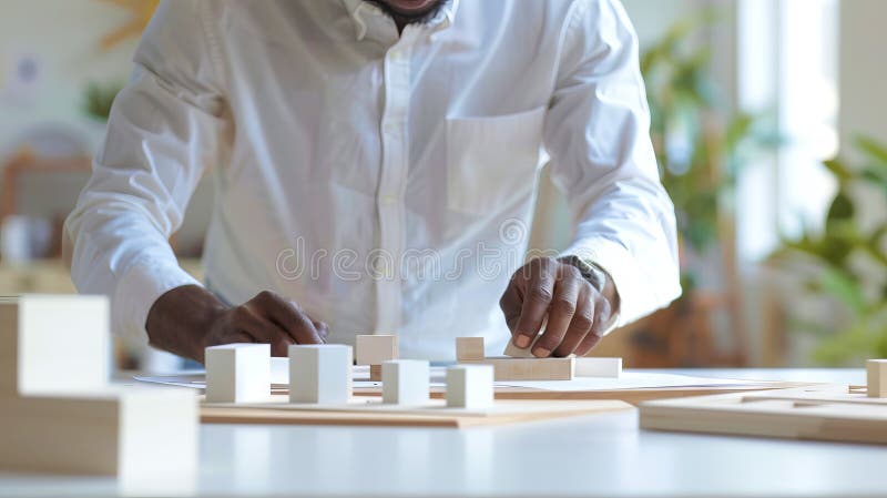 Konzentrierter Architekt, der sich mit der Entwicklung eines Modellbaus beschäftigt. Konzept des Designprozesses der Architektur stockfotografie