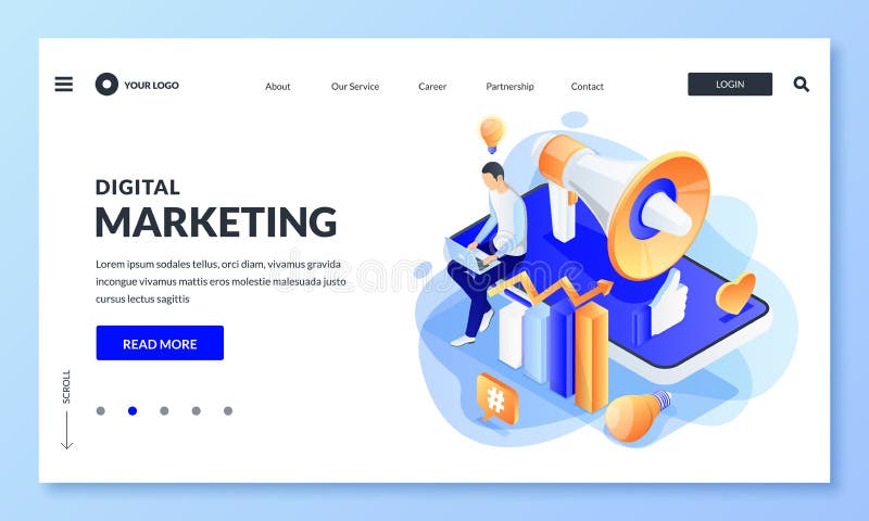 Konzept der digitalen Marketinggeschäftstechnologie Vector 3d isometrische Abbildung Strategie für die Werbung in sozialen Medien lizenzfreie abbildung
