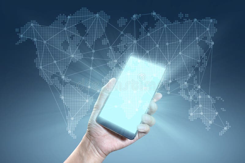 Konzept der globalen Anschlüsse Hand, die Smartphone mit Ho hält stockfoto Konzept der globalen Anschlüsse Hand, die Smartphone mit Ho hält stockfoto