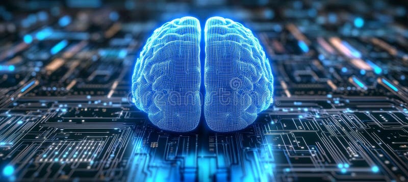 Konzept der künstlichen Intelligenz wireframe Gehirn auf Schaltbrett Symbol der futuristischen Technologie stock abbildung
