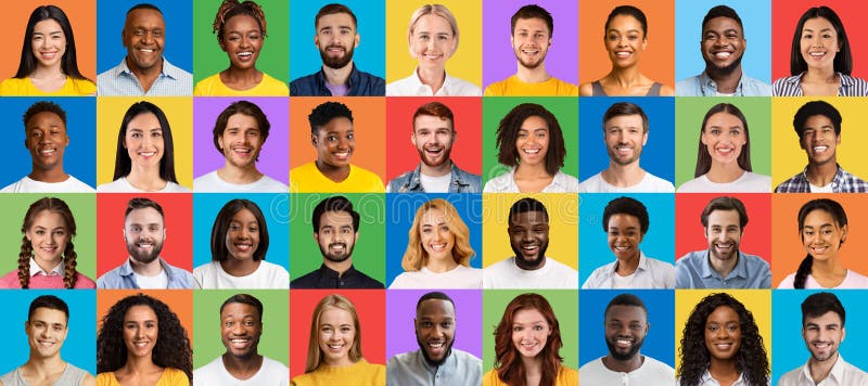 Konzept der multikulturellen Gemeinschaft. Collage of lächelnd diversen Leuten Headshots über Banner mit leuchtendem Studiohinterg stockbild