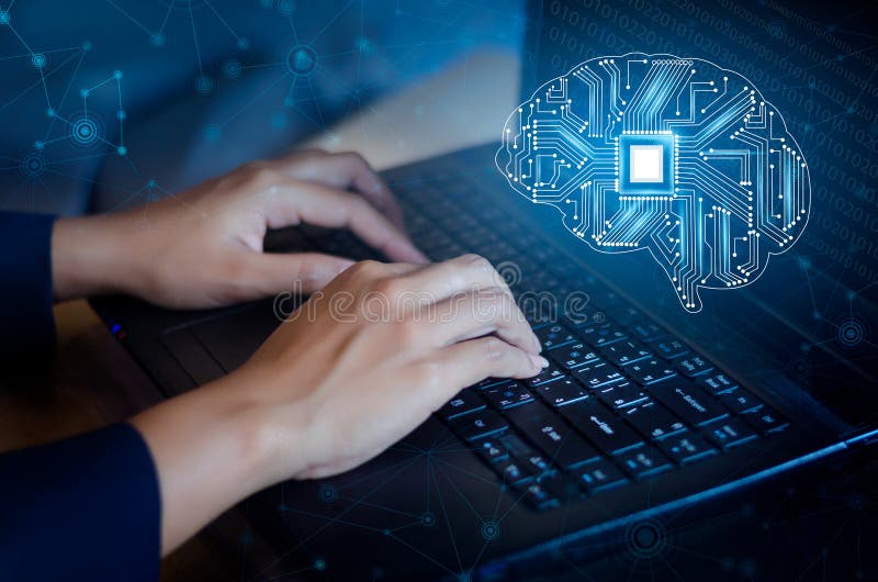 Konzept des Denkens Hintergrund mit dem Gehirn CPU-Sinnes-Reihentechnologie-Symbolthema der Informatik, künstlich lizenzfreies stockbild