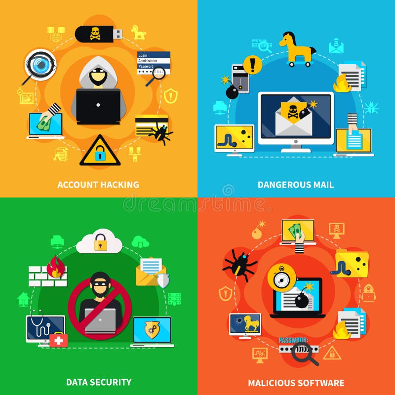 Data security 2x2 design concept set of dangerous mail malicious software and account hacking flat compositions vector illustration. Data security 2x2 design concept set of dangerous mail malicious software and account hacking flat compositions vector illustration