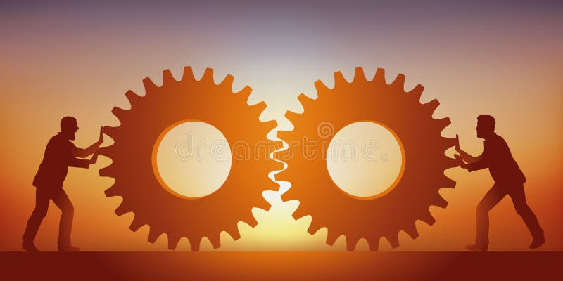 Konzept des Verbands, der Stärke mit zwei Männern ist, die ihr Wissen zusammenbringen, das durch zwei Gänge symbolisiert wird stock abbildung Konzept des Verbands, der Stärke mit zwei Männern ist, die ihr Wissen zusammenbringen, das durch zwei Gänge symbolisiert wird stock abbildung