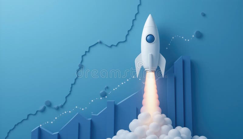 Konzept eines neuen Startgeschäftsprojekts mit 3D-Modell einer Rakete, die startet. lizenzfreie abbildung