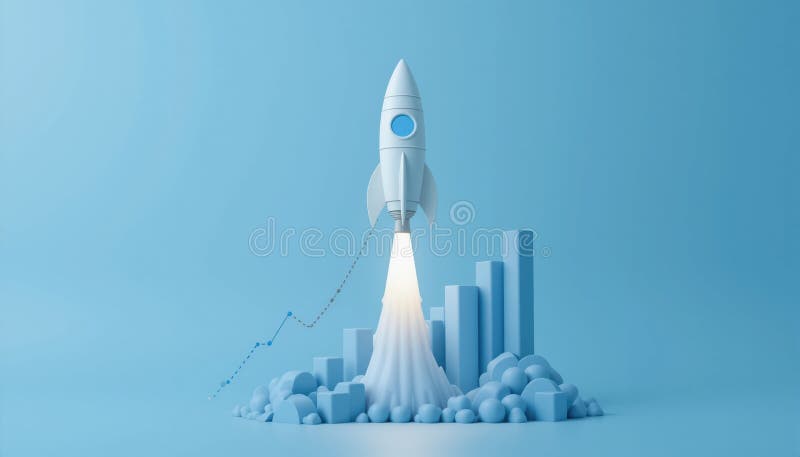 Konzept eines neuen Startgeschäftsprojekts mit 3D-Modell einer Rakete, die startet. vektor abbildung