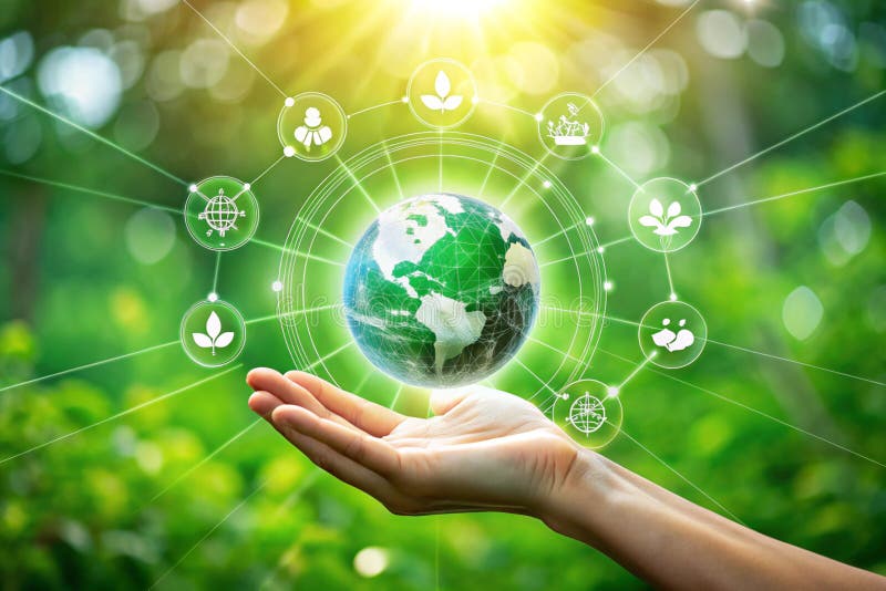 Konzept für nachhaltige Entwicklung. Hände, die das Symbol Globale Kommunikation mit Umwelt auf einem grünen Hintergrund halten vektor abbildung