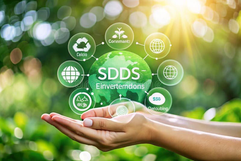 Konzept für nachhaltige Entwicklung. Hände, die das Symbol Globale Kommunikation mit Umwelt auf einem grünen Hintergrund halten lizenzfreie abbildung