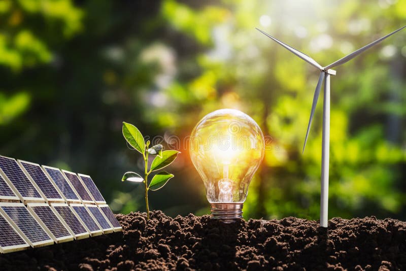 Konzept Idee saubere Energie in der Natur Glühbirne mit Solarpaneel und Windkraftanlage auf dem Boden