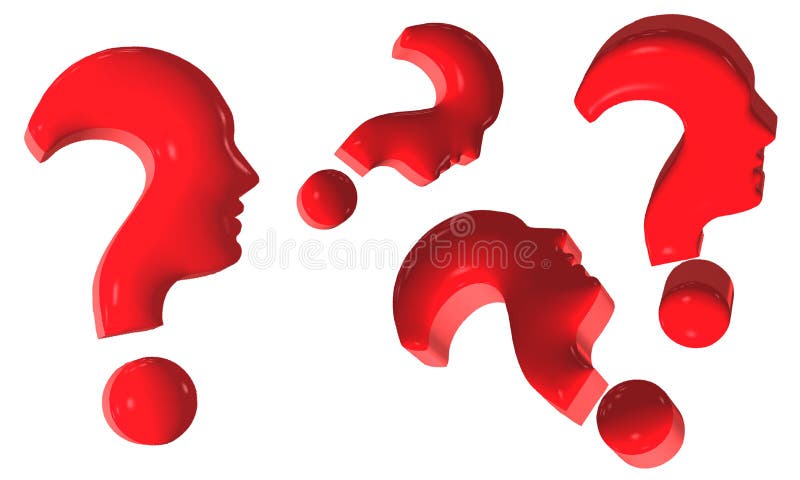 Konzept lokalisierte rote Fragezeichen, die menschliche Gesichter im Profil auf einem weißen Hintergrund bilden Abbildung 3D vektor abbildung Konzept lokalisierte rote Fragezeichen, die menschliche Gesichter im Profil auf einem weißen Hintergrund bilden Abbildung 3D vektor abbildung