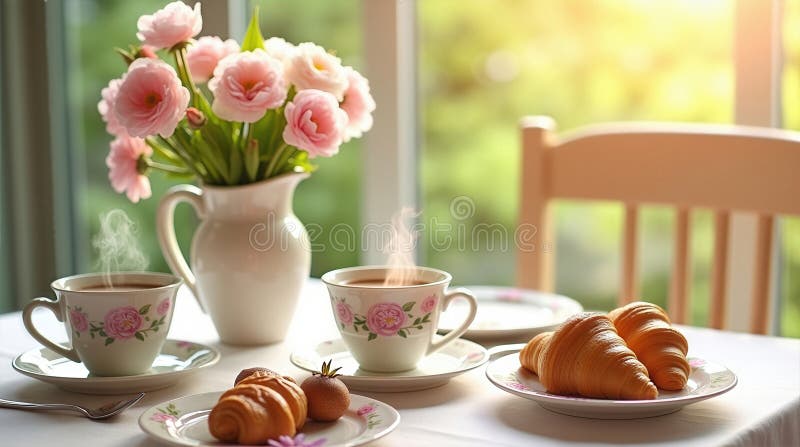 Konzept 8 vom März : Eleganter Frühstückstisch mit Kaffee Croissants und Frühlingsblumen lizenzfreie abbildung