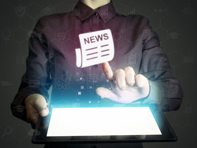 Image of a girl with tablet pc in her hands and news icon. Concept of news sources and media. Image of a girl with tablet pc in her hands and news icon. Concept of news sources and media.