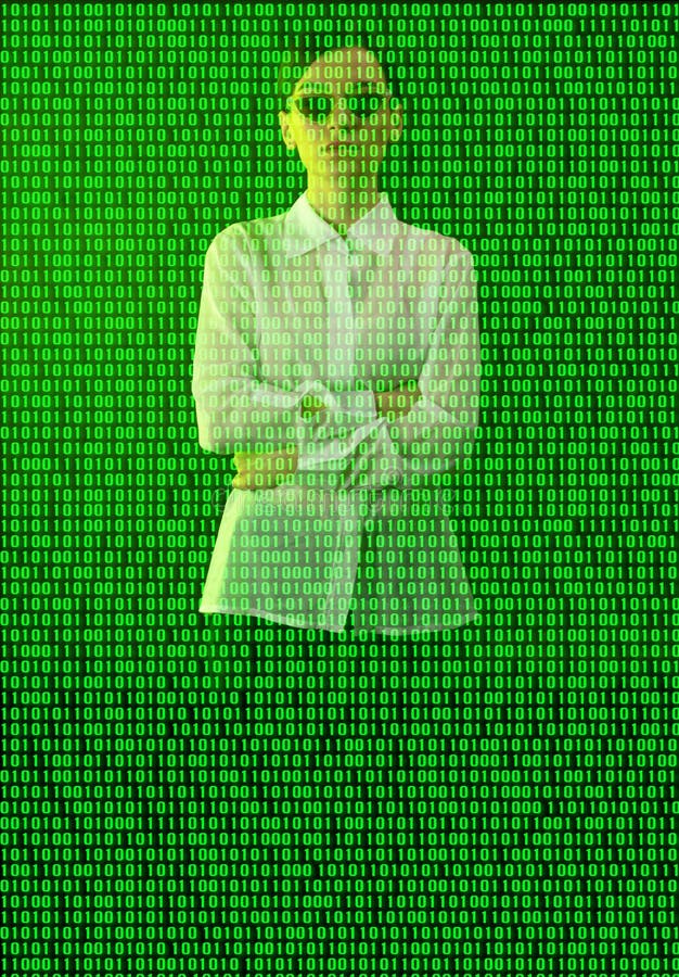 Konzeptionsfrau hinter digitalem Code. Hacker-Programmierer. stockfoto