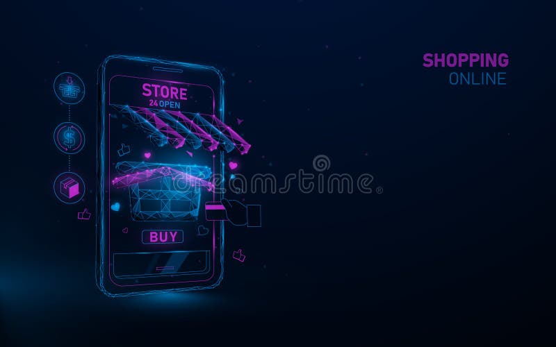 Konzepton-line-Einkaufen. Onlinehandel für mobile Anwendung. digitales Vermarktung. moderner Lebensstil. Basis-Image Poly- und Vek stock abbildung