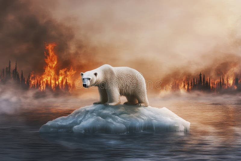 Konzeptuelle emotionale Darstellung eines Eisbären, der auf einem kleinen schmelzenden Eisstück festsitzt, das im Meer schwimmt stockbilder