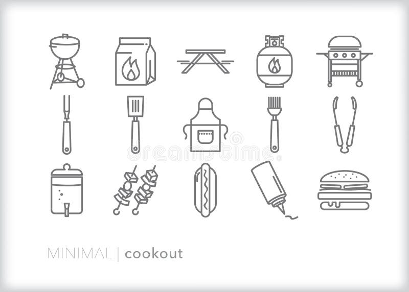 Cookout line icon set of food, tools and equipment for firing up a charcoal or gas grill to cook food for lunch or dinner. Cookout line icon set of food, tools and equipment for firing up a charcoal or gas grill to cook food for lunch or dinner