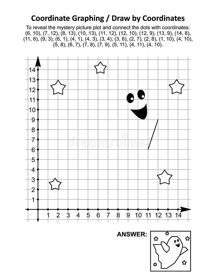 Coordinate graphing, or draw by coordinates, math worksheet with Halloween cute little ghost: To reveal the mystery picture plot and connect the dots with given coordinates. Answer included. Coordinate graphing, or draw by coordinates, math worksheet with Halloween cute little ghost: To reveal the mystery picture plot and connect the dots with given coordinates. Answer included.