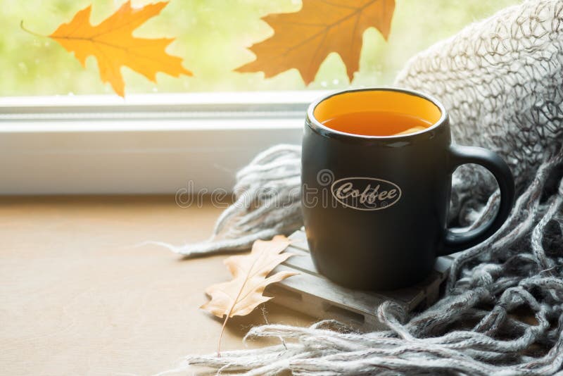 Kop hete thee met citroen op de vensterbank Wollen plaid Het stilleven van de herfst Het ` s die buiten regenen De ruimte van het stock afbeelding Kop hete thee met citroen op de vensterbank Wollen plaid Het stilleven van de herfst Het ` s die buiten regenen De ruimte van het stock afbeelding