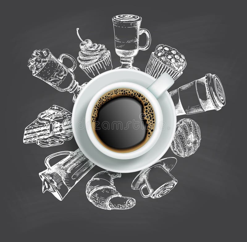 Kop van koffie met het ontwerpmalplaatje van het snoepjes vectorbord stock illustratie Kop van koffie met het ontwerpmalplaatje van het snoepjes vectorbord stock illustratie