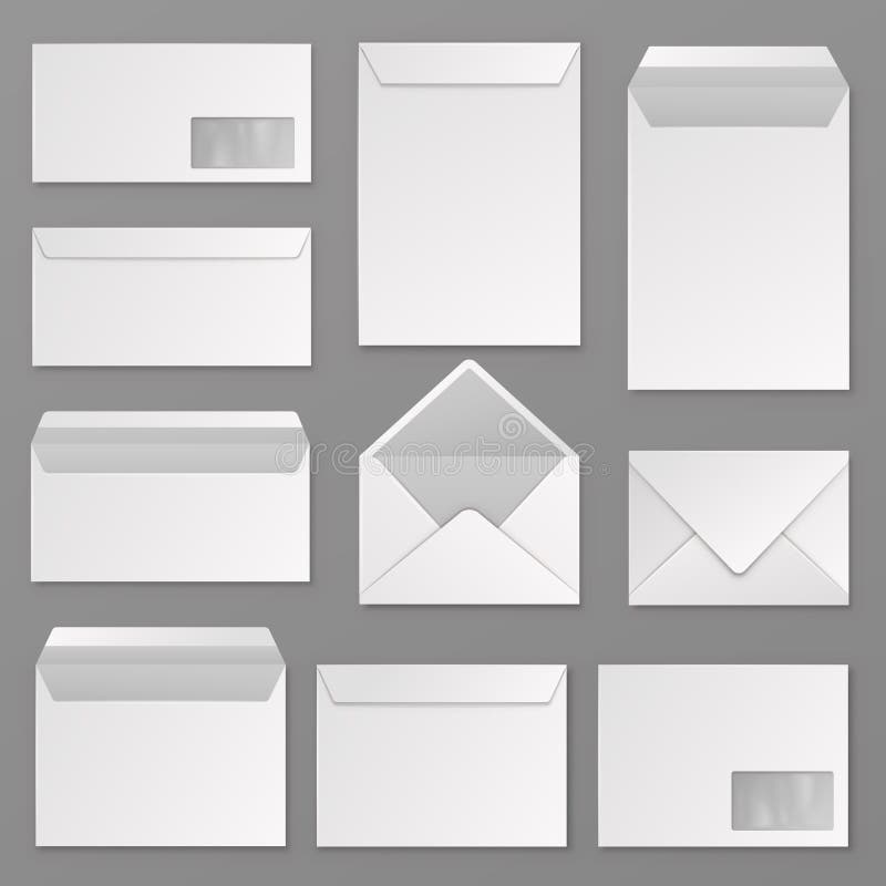 Koperty Pusta firmowa koperta zamknięta i otwarta dla arkusza listów a4 Papierowe paczki pocztowe, izolowane wektory pocztowe