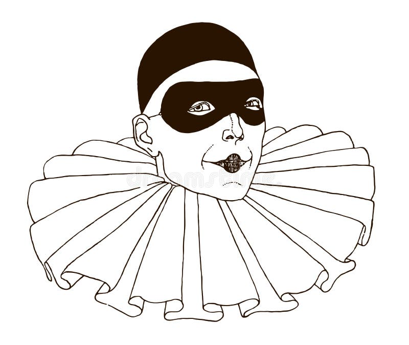 Head of Pierrot, wearing skull cap, eye mask and frilled collar. Illustration after a drawing from the 20s. Head of Pierrot, wearing skull cap, eye mask and frilled collar. Illustration after a drawing from the 20s