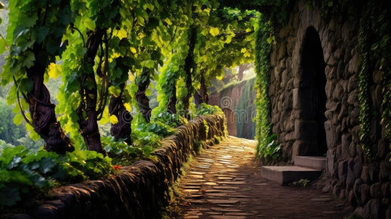 cobblestones path grape background illustration green leaves, vines distance, lush vibrant cobblestones path grape background AI generated. cobblestones path grape background illustration green leaves, vines distance, lush vibrant cobblestones path grape background AI generated