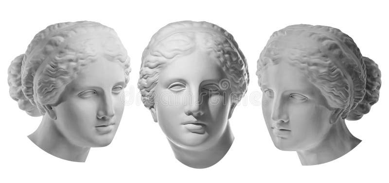 Kopie des Gipses drei des alten Statue Venuskopfes isoliert auf weißem Hintergrund. Gipsskulptur-Frauengesicht. stockfoto