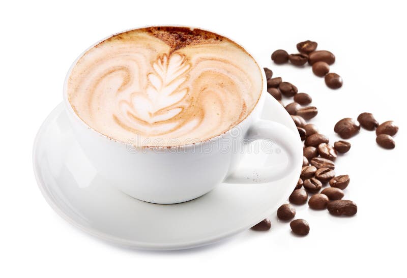 Kopp av cappuccinokaffe och kaffebönor Vit bakgrund royaltyfria foton Kopp av cappuccinokaffe och kaffebönor Vit bakgrund royaltyfria foton