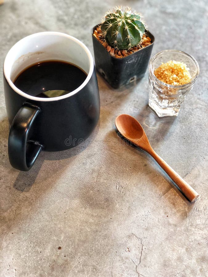 Koppen för svart kaffe med träskeden, den gröna kaktuns som är brun sockrar i exponeringsglas royaltyfri bild
