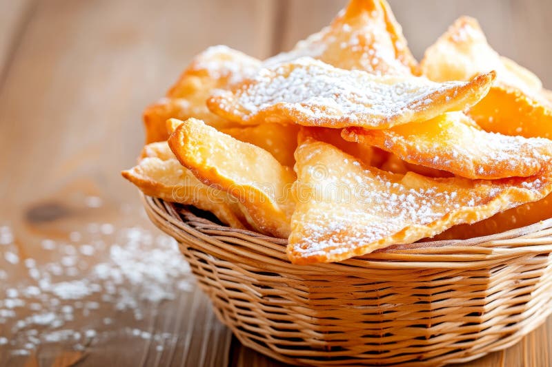 Korbkorb mit köstlichen frisch gebackenen Chiacchiere lizenzfreie stockfotografie