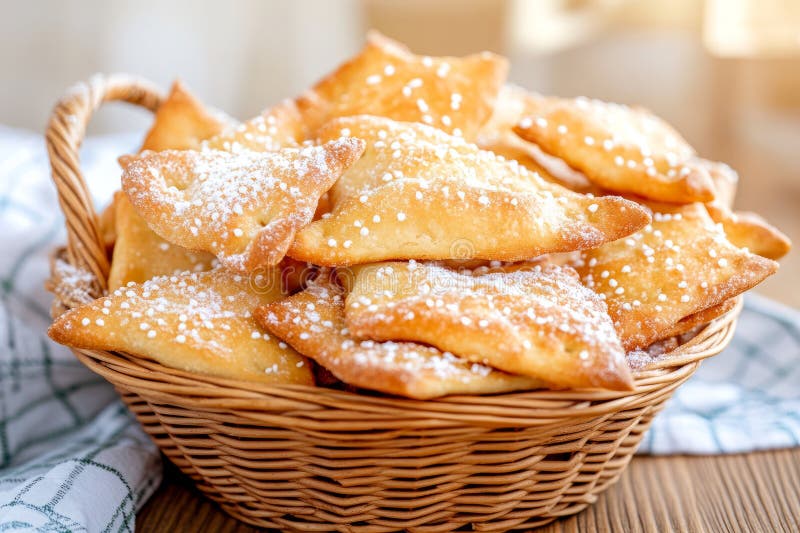 Korbkorb mit köstlichen frisch gebackenen Chiacchiere stockfoto