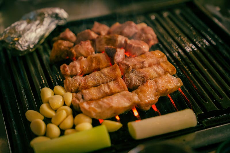 Korean BBQ Pork and Garlic Roast on the Stove Stock Photo Image of