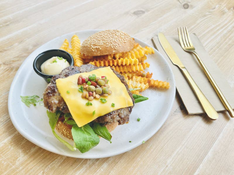 Korean Beef Burger Breakfast on a Table. Stock Photo - Image of
