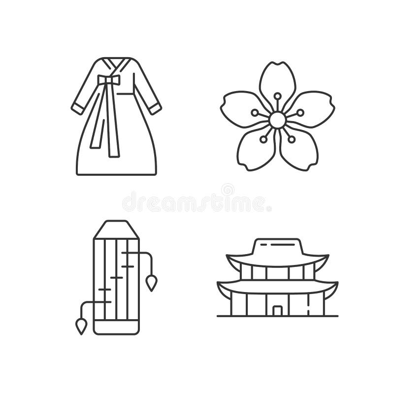 Korean ethnic symbols linear icons set vector illustration