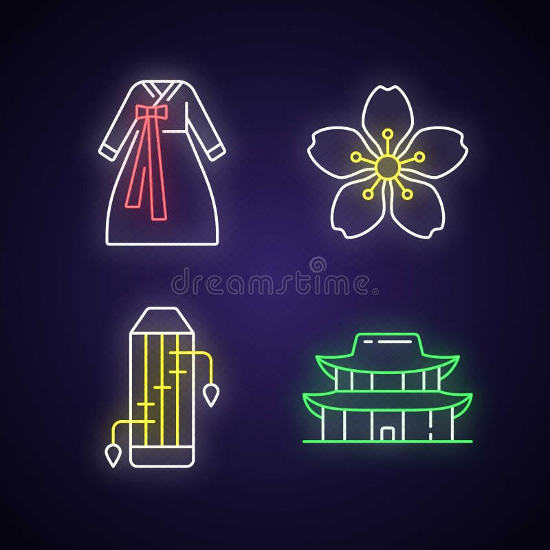 Korean ethnic symbols neon light icons set royalty free illustration