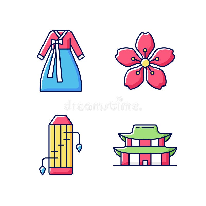 Korean ethnic symbols RGB color icons set royalty free illustration