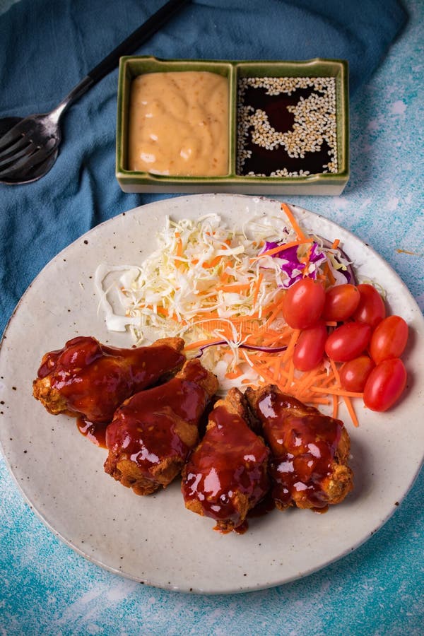 Korean Fried Chicken with Gochujang Sauce Spicy Sauce Stock Image