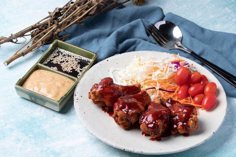 Korean Fried Chicken with Gochujang Sauce Spicy Sauce Stock Photo