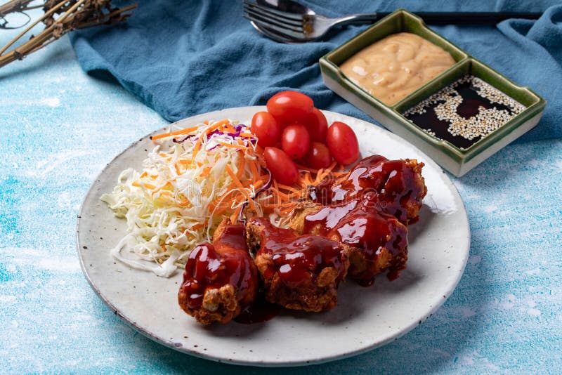 Korean Fried Chicken with Gochujang Sauce Spicy Sauce Stock Photo