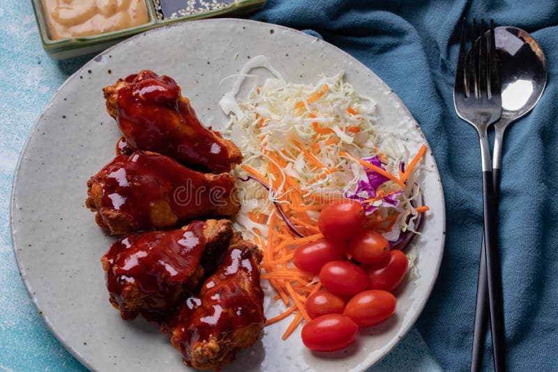 Korean Fried Chicken with Gochujang Sauce Spicy Sauce Stock Image