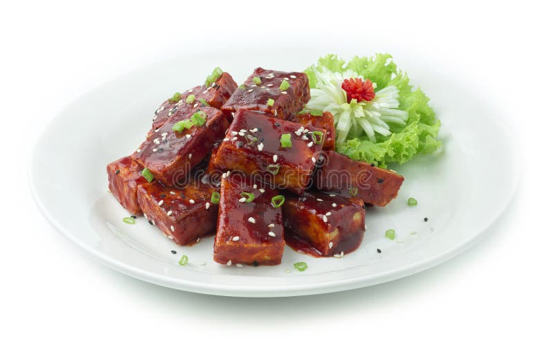 Korean Fried Tofu Deep Fried Mixed in Kochujung Sauce Stock Photo